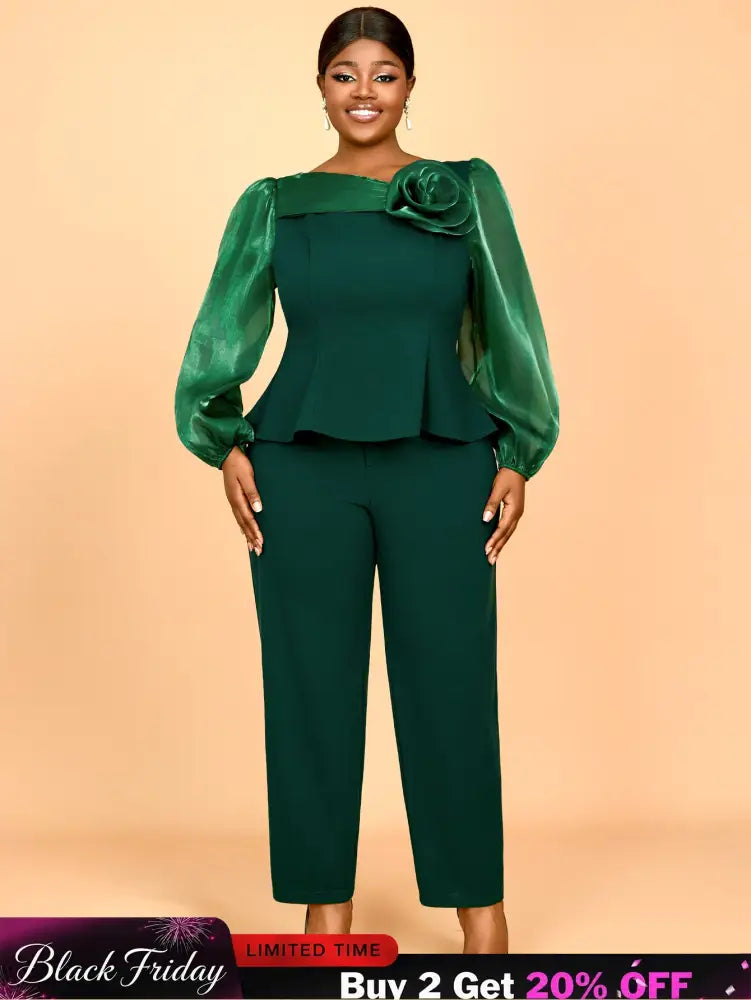 AOMEIDRESS Two Pieces Sets Simple Elegant Causal Suits Long Sleeve DarkGreen / 0XL