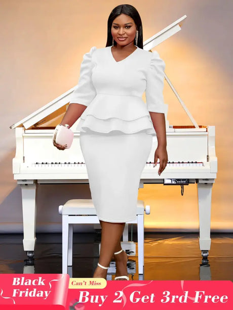 AOMEIDRESS V Neck Dress Puff Half Sleeve Empire Peplum Ruffles Midi White / S