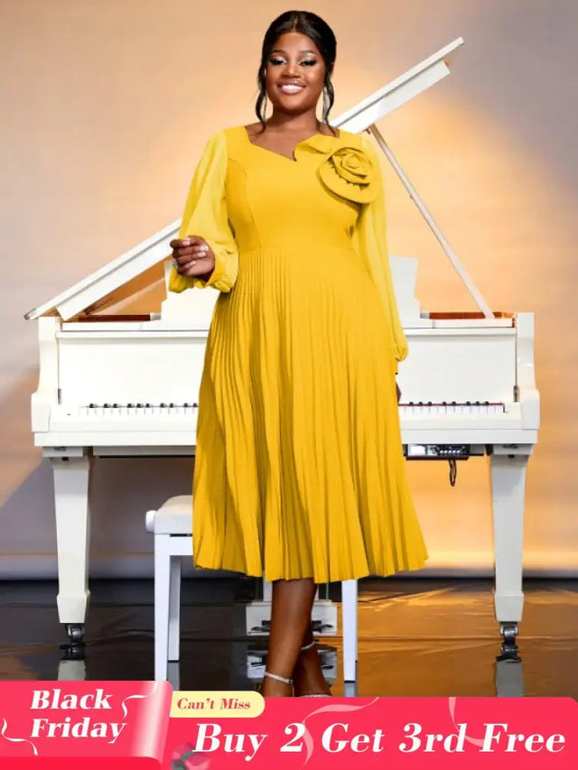 yellow v neck pleated dresses for women