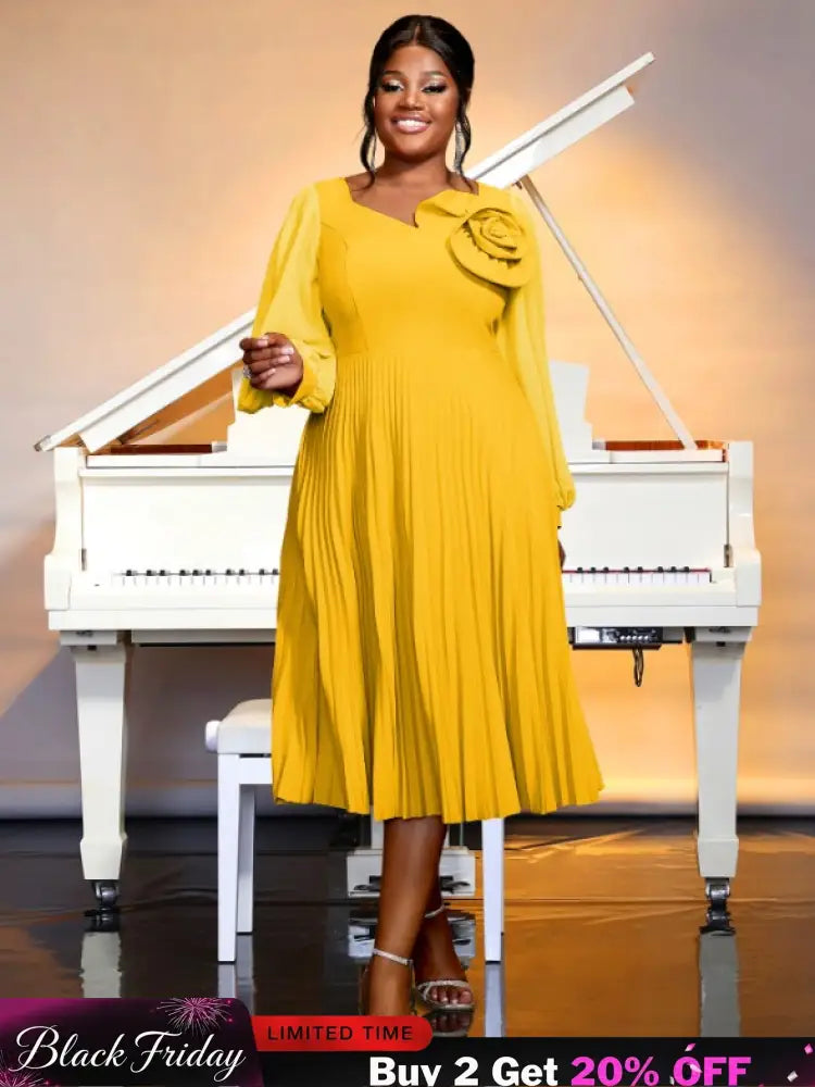 yellow v neck pleated dresses for women