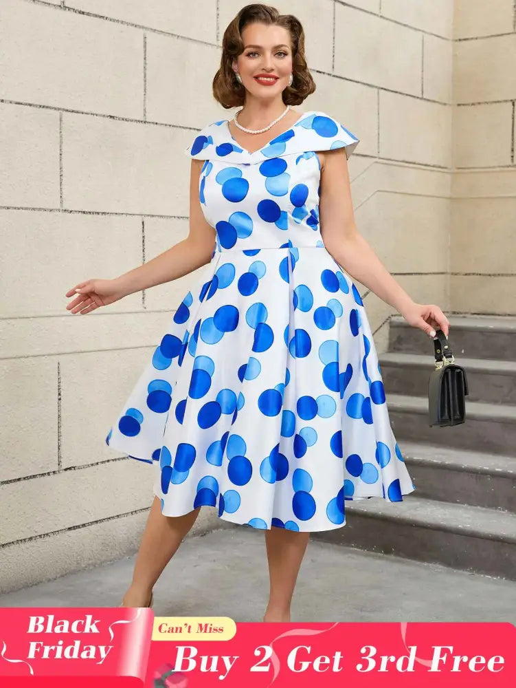 AOMEIDRESS V Neck Polka Dot A Line Retro Floral Work Dress