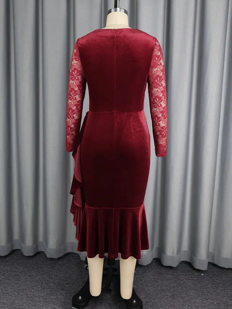 AOMEIDRESS Velvet Mermaid Dress Sweetheart Neck Lace Sleeves Ruffles