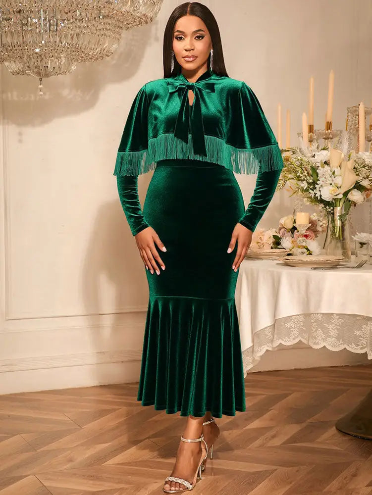 AOMEIDRESS Velvet Two Piece Set Tassel Cape with Bodycon Mermaid Dress