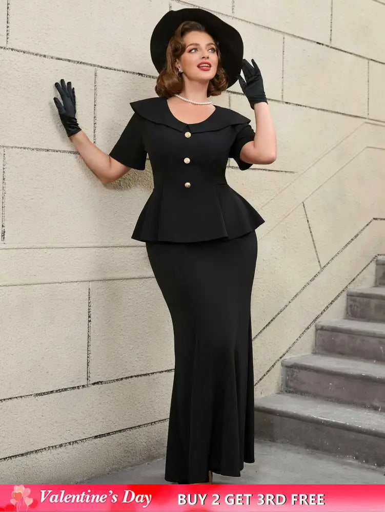 Black Ruffle Hem Short Sleeve Mermaid Vintage Suit Set