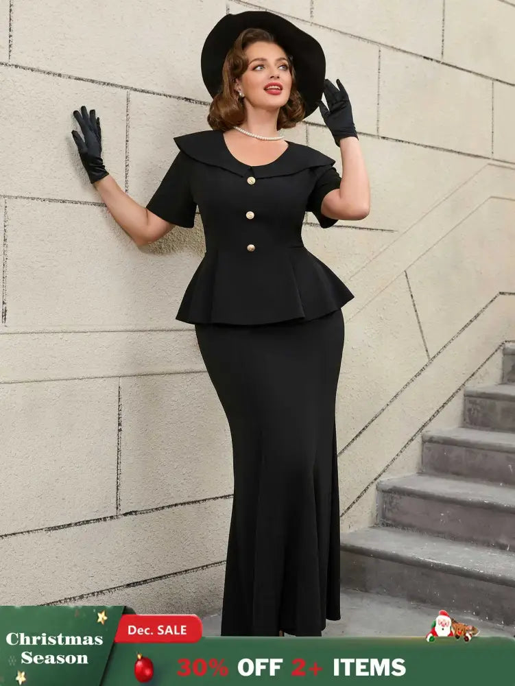 Black Ruffle Hem Short Sleeve Mermaid Vintage Suit Set