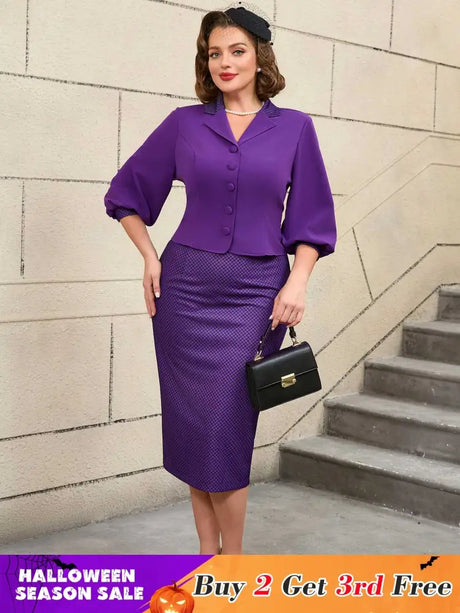 AOMEIDRESS Vintage Digital Print Collar Midi Dress Set Office Style