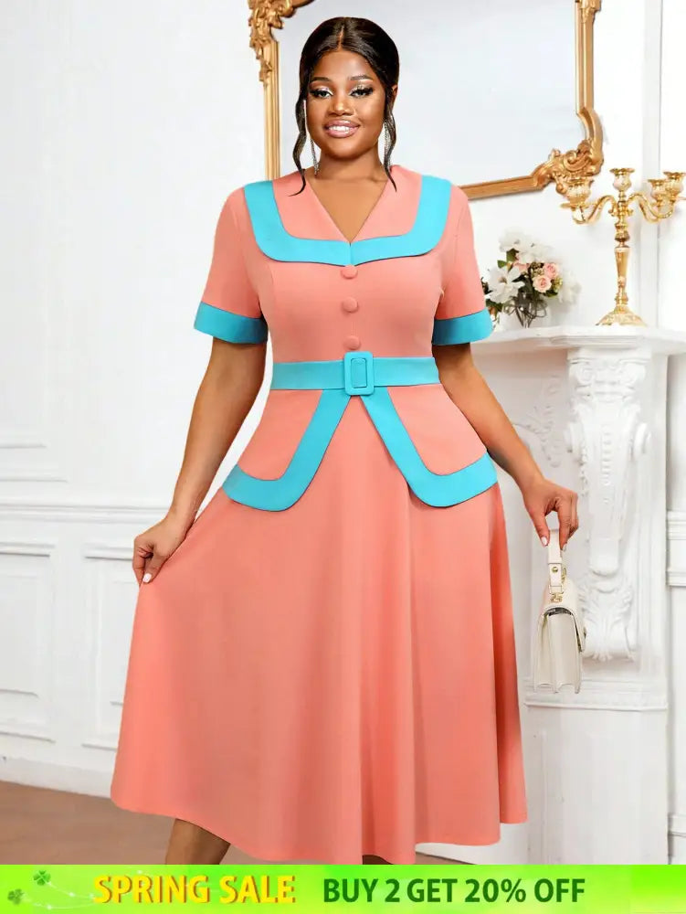 AOMEIDRESS Vintage Pink Dress Half Sleeves V Neck A Line Spring Style Pink / 0XL