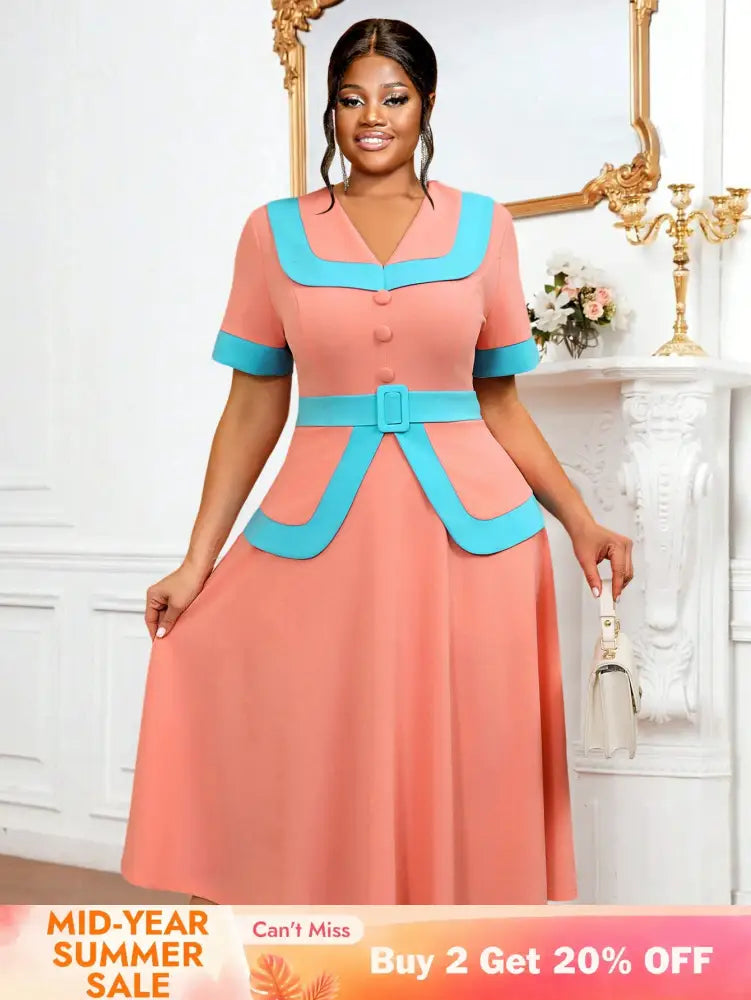 AOMEIDRESS Vintage Pink Dress Half Sleeves V Neck A Line Spring Style Pink / 0XL