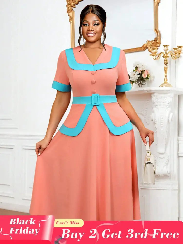 AOMEIDRESS Vintage Pink Dress Half Sleeves V Neck A Line Spring Style Pink / 0XL