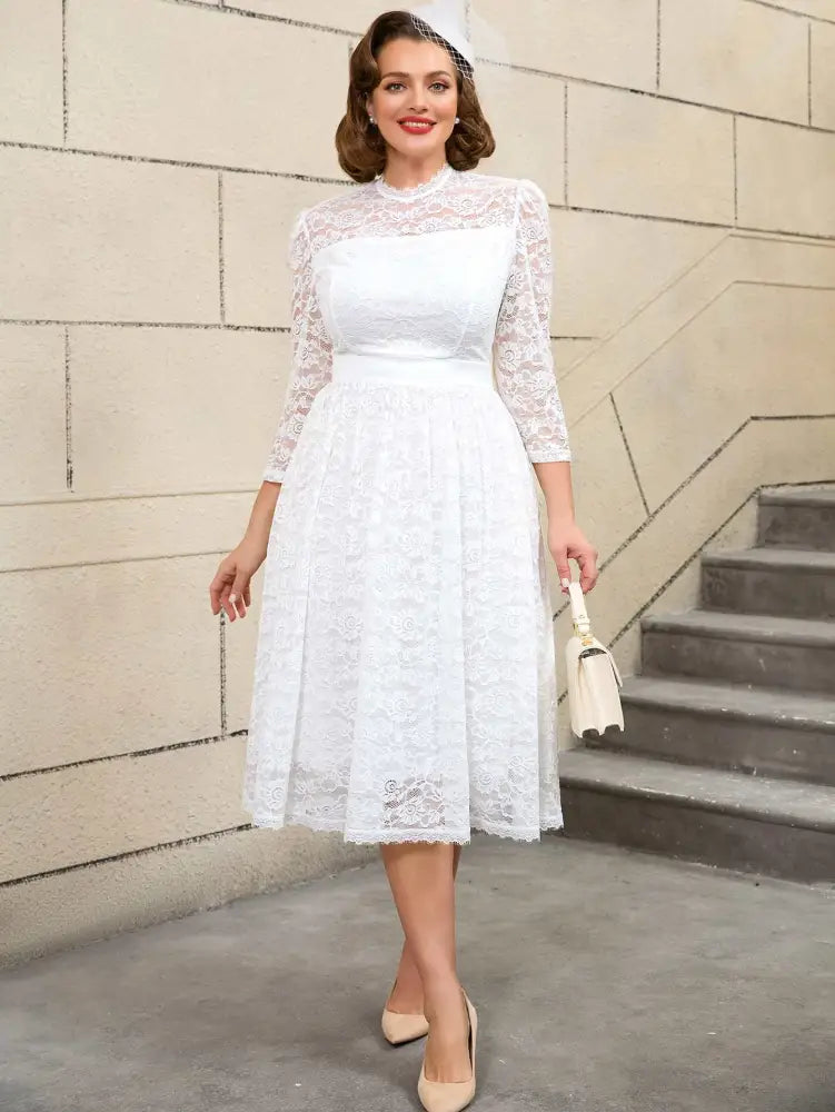 AOMEIDRESS Vintage Style White Lace Dress with Long Sleeves for Women