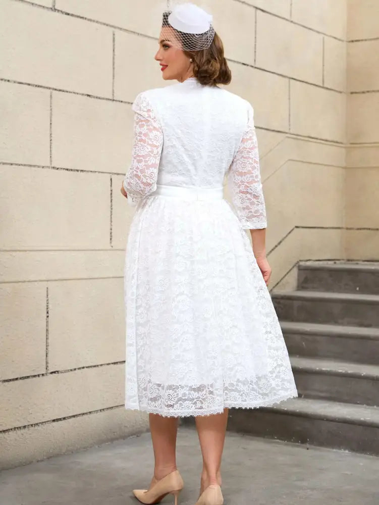 AOMEIDRESS Vintage Style White Lace Dress with Long Sleeves for Women