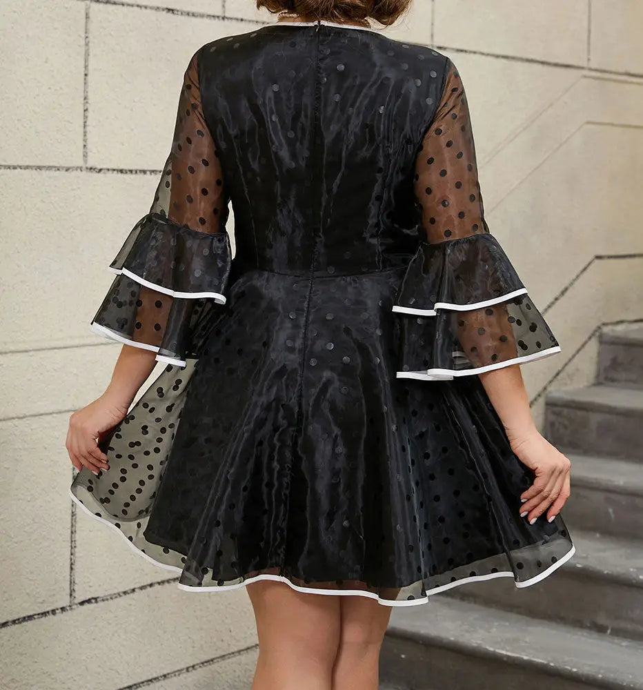 AOMEIDRESS Vintage Swing Dress A Line Dot Plus Size Bow Flare Sleeve