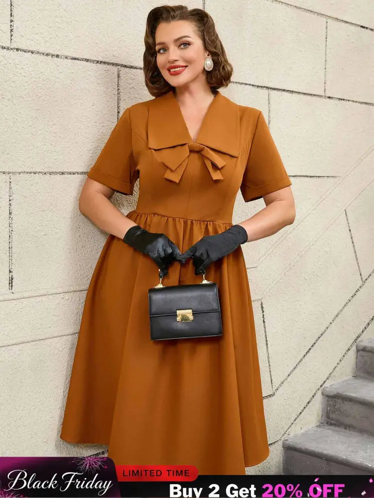 AOMEIDRESS Vintage Turn Down Collar Bow Tie A Line Midi Dress