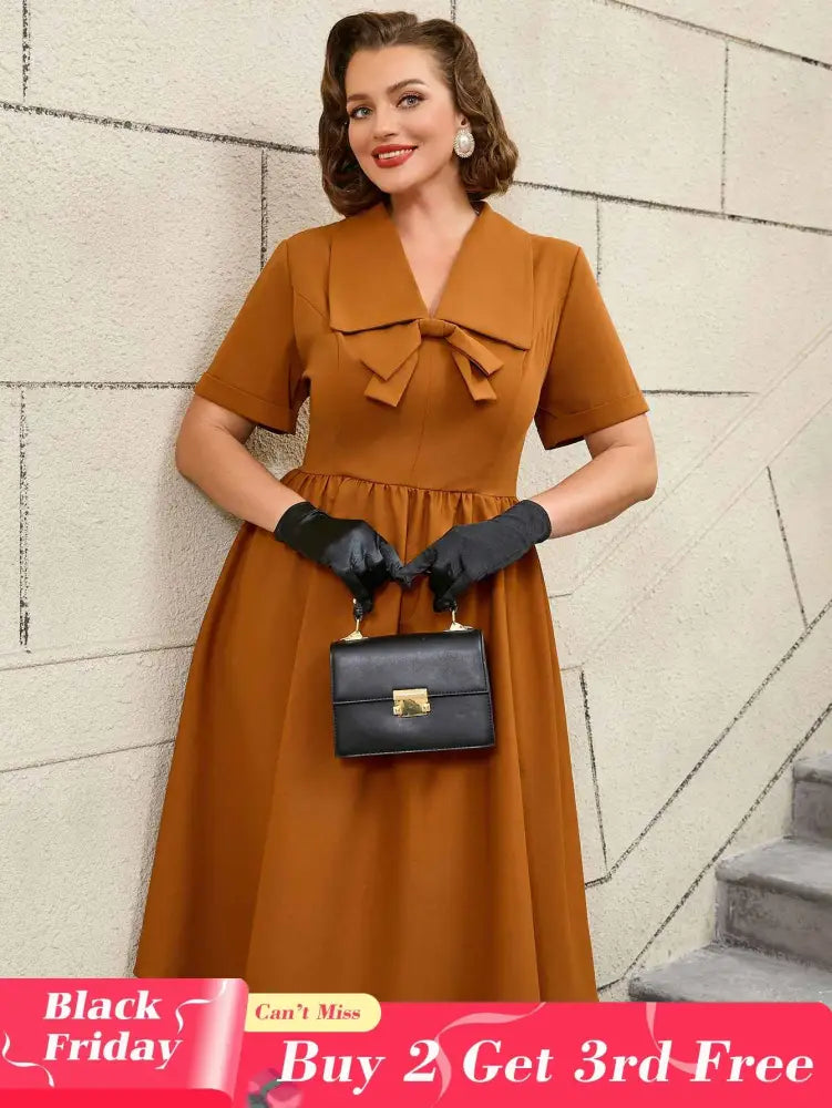 AOMEIDRESS Vintage Turn Down Collar Bow Tie A Line Midi Dress