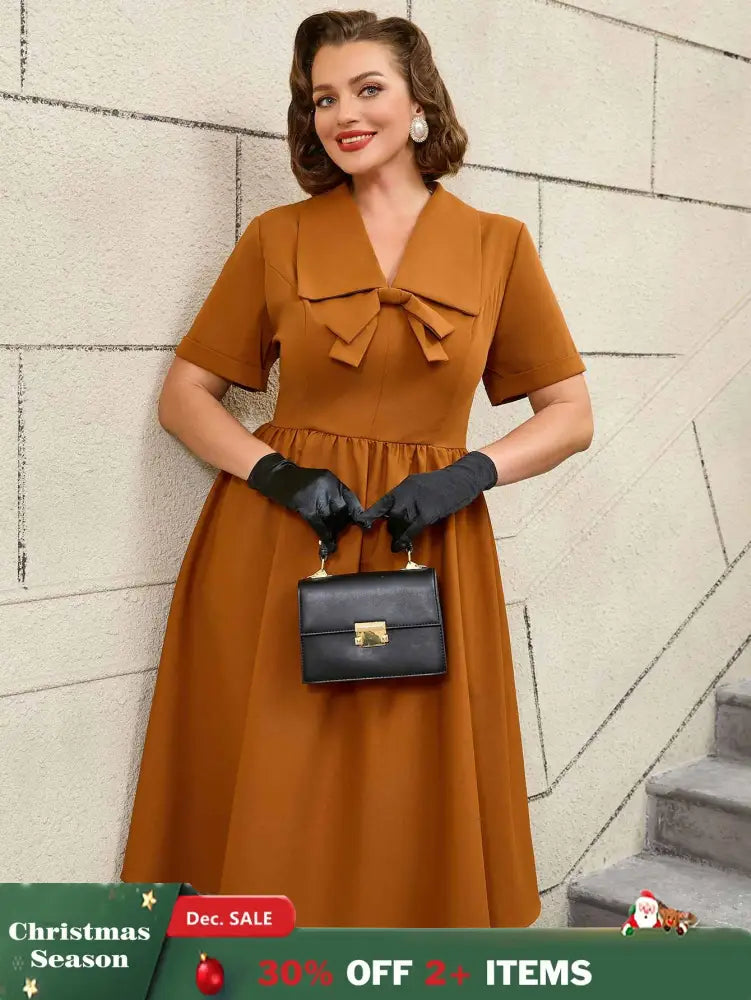 AOMEIDRESS Vintage Turn Down Collar Bow Tie A Line Midi Dress