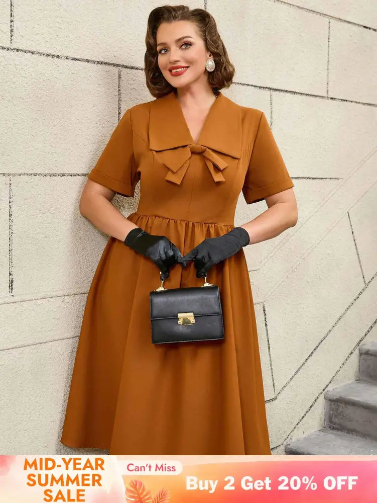 AOMEIDRESS Vintage Turn Down Collar Bow Tie A Line Midi Dress