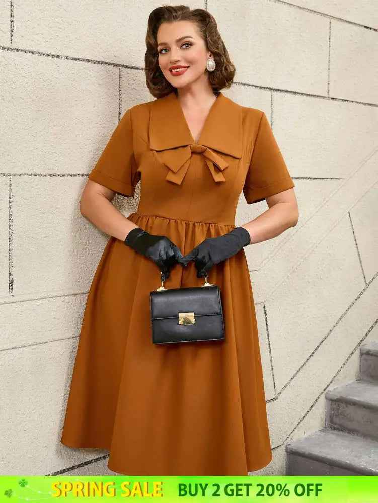 AOMEIDRESS Vintage Turn Down Collar Bow Tie A Line Midi Dress