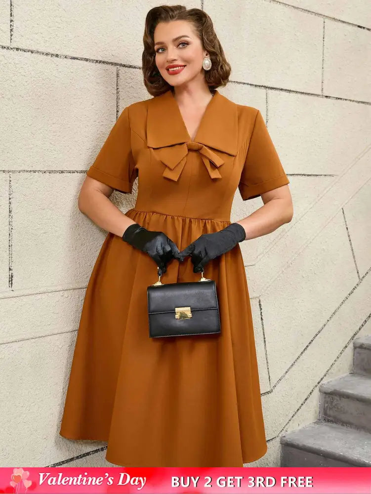 AOMEIDRESS Vintage Turn Down Collar Bow Tie A Line Midi Dress