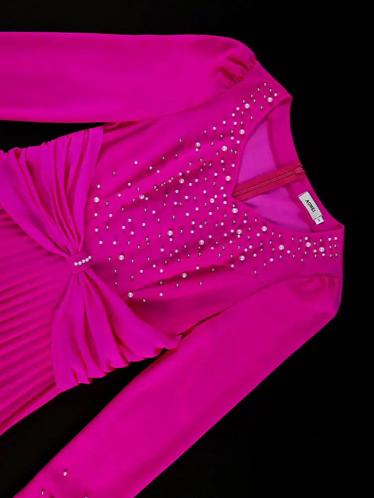 AOMEIDRESS Wedding Guests Dresses Long Sleeve Pleated Beading Outfits