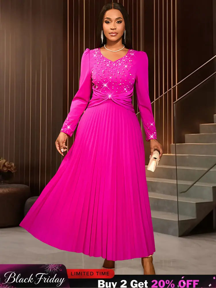 AOMEIDRESS Wedding Guests Dresses Long Sleeve Pleated Beading Outfits Pink / S