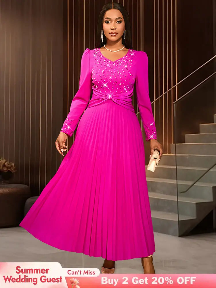 AOMEIDRESS Wedding Guests Dresses Long Sleeve Pleated Beading Outfits Pink / S