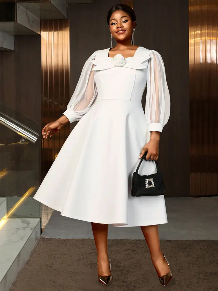 AOMEIDRESS White A Line Dress 3D Flower Long Sheer Sleeves Party Gown