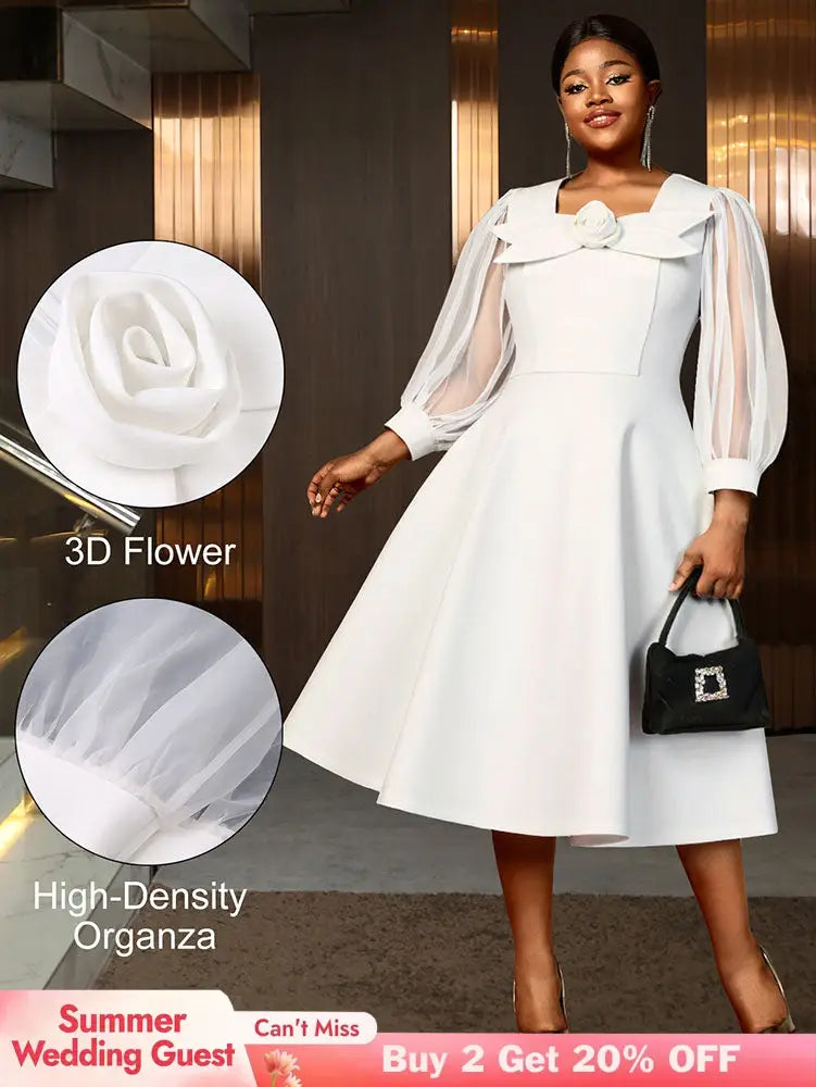 AOMEIDRESS White A Line Dress 3D Flower Long Sheer Sleeves Party Gown White / L