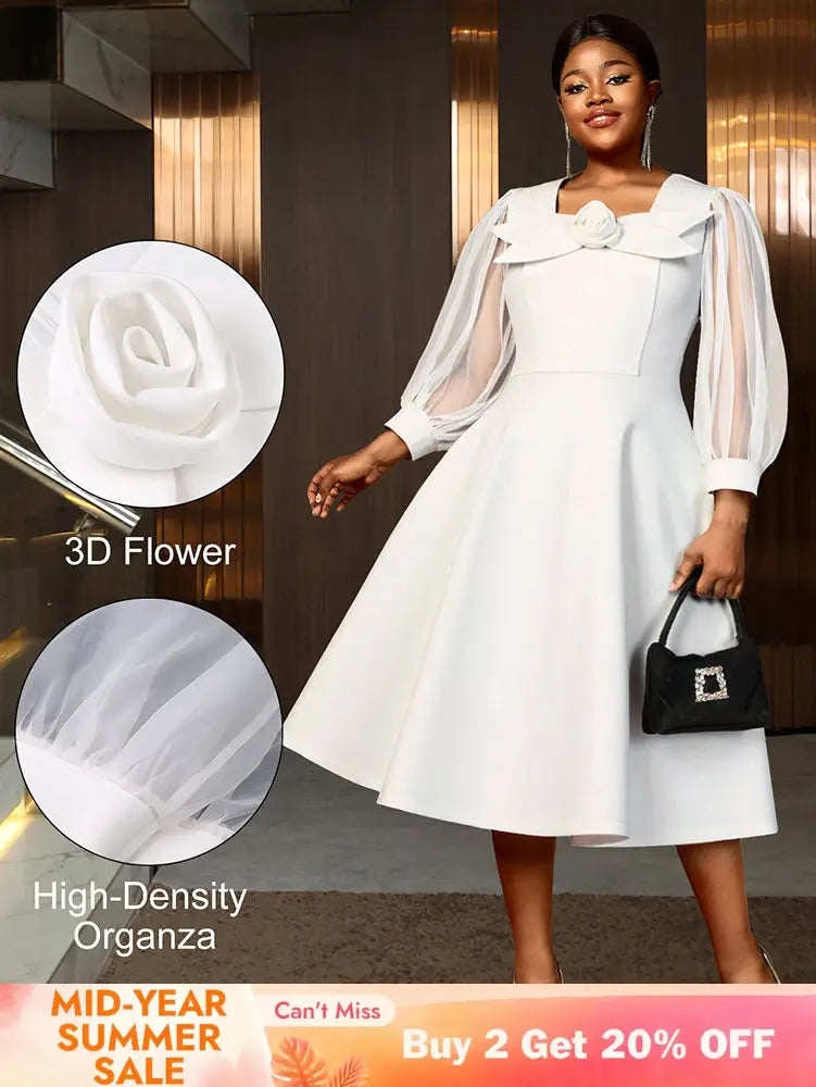 AOMEIDRESS White A Line Dress 3D Flower Long Sheer Sleeves Party Gown White / L