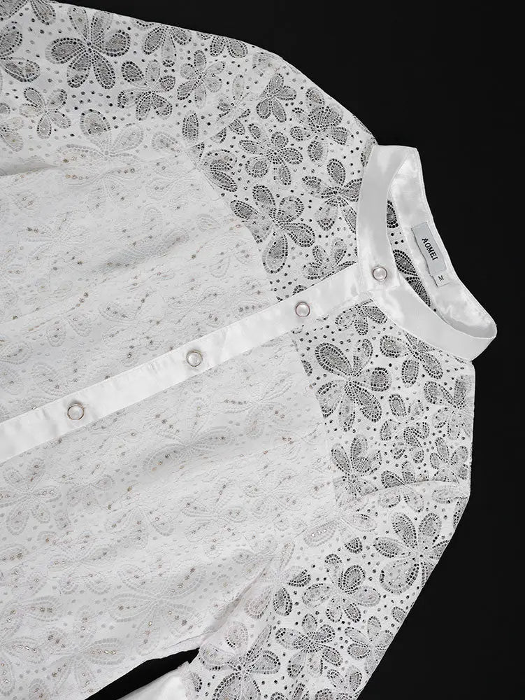 AOMEIDRESS White A Line Lace Dress with Stand Collar Flare Sleeves