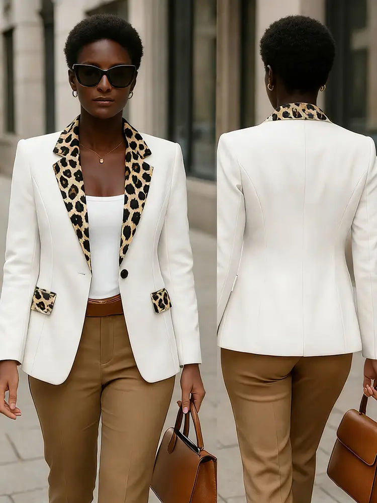 AOMEIDRESS White Blazer Leopard Lapel and Pocket Trim Office Wear