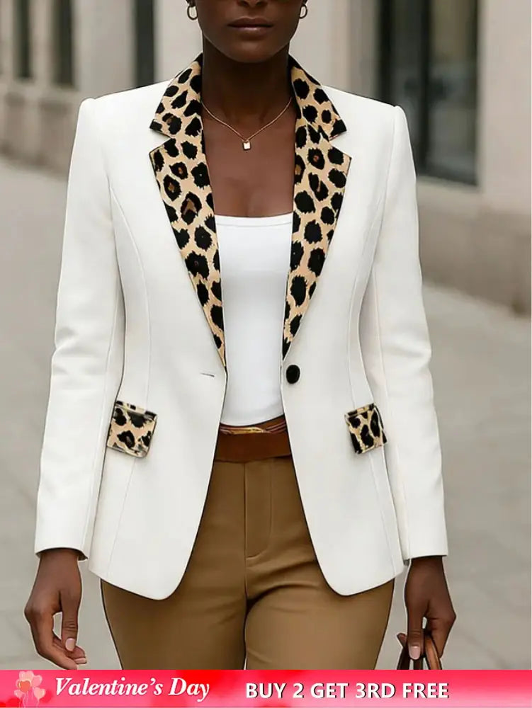 AOMEIDRESS White Blazer Leopard Lapel and Pocket Trim Office Wear White / S