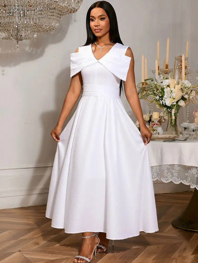 AOMEIDRESS White Bridal Shower Outfits A Line Maxi Dresses With 3D Bow