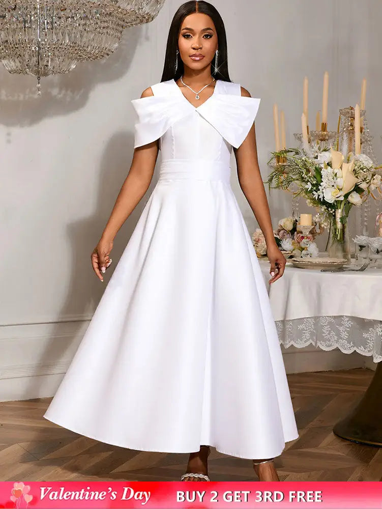 AOMEIDRESS White Bridal Shower Outfits A Line Maxi Dresses With 3D Bow White / S