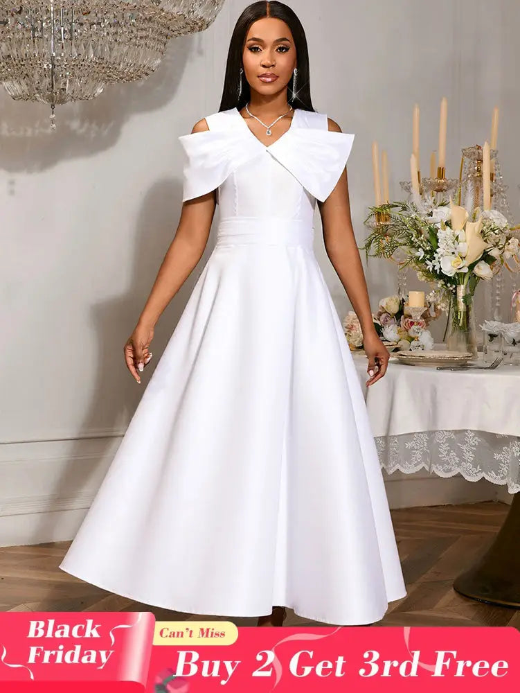 AOMEIDRESS White Bridal Shower Outfits A Line Maxi Dresses With 3D Bow White / S