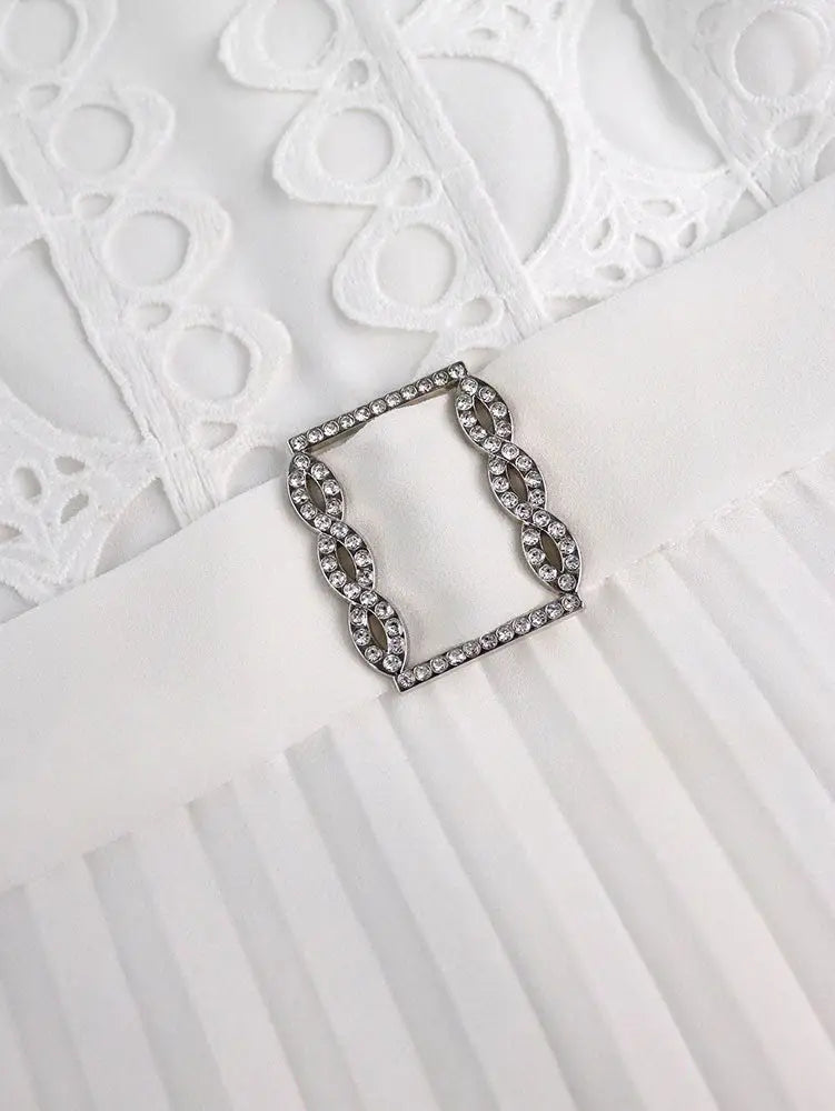 AOMEIDRESS White Bridal Shower Outfits A Line Puff Sleeve Waist Belt