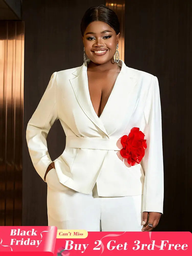 AOMEIDRESS White Formal Blazer Top With Red Flower Office Lady Clothes White / S