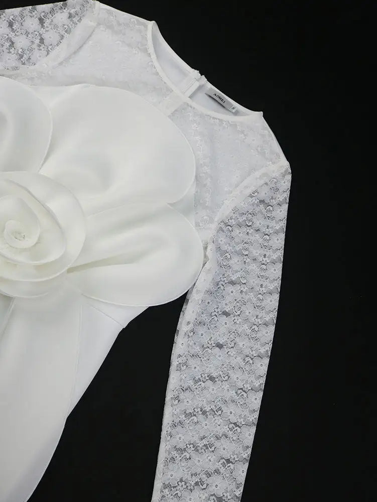 AOMEIDRESS White Lace Bridal Dress Patchwork 3D Flower Long Sleeve