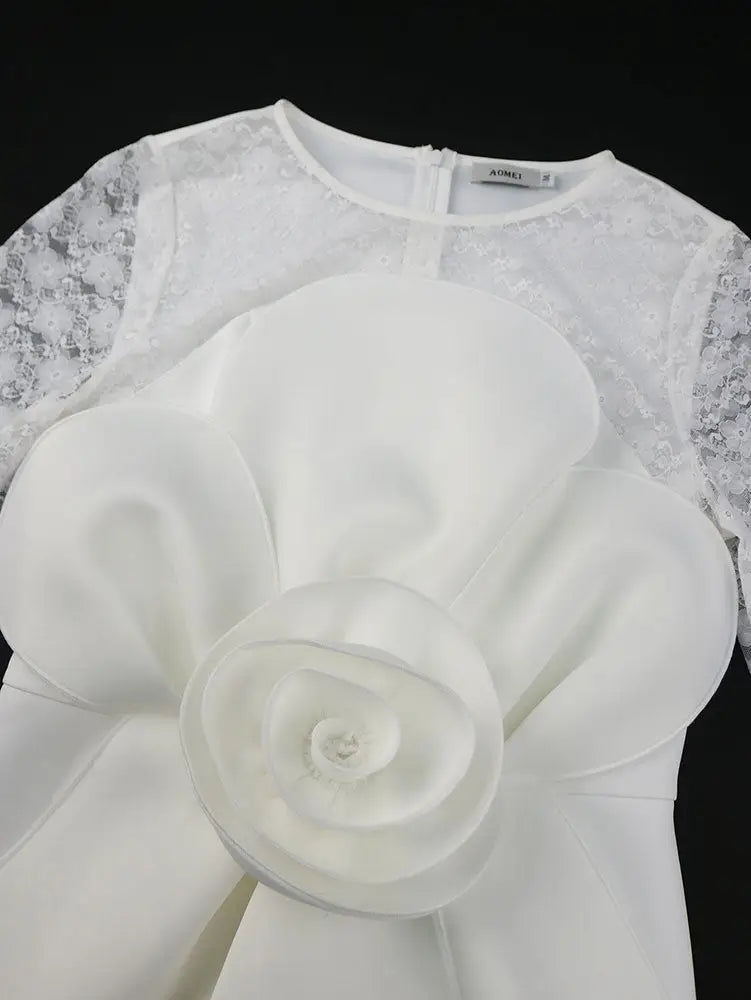 AOMEIDRESS White Lace Bridal Dress Patchwork 3D Flower Long Sleeve