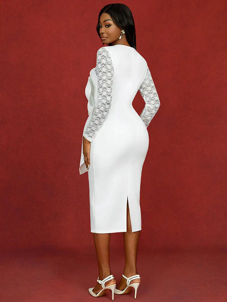 AOMEIDRESS White Lace Bridal Dress Patchwork 3D Flower Long Sleeve