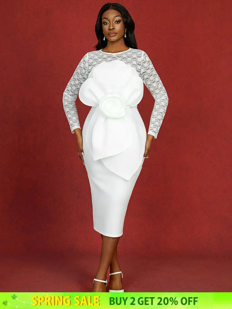 AOMEIDRESS White Lace Bridal Dress Patchwork 3D Flower Long Sleeve White / S