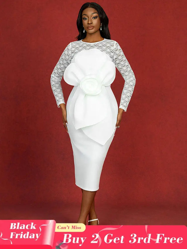 AOMEIDRESS White Lace Bridal Dress Patchwork 3D Flower Long Sleeve White / S