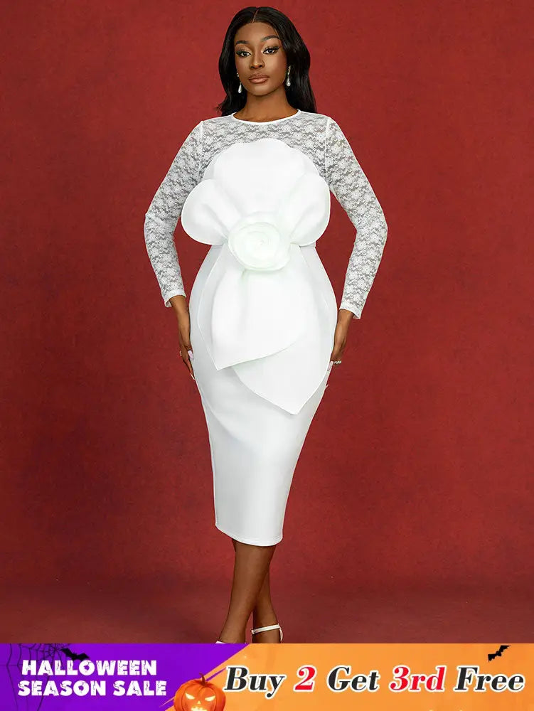 AOMEIDRESS White Lace Bridal Dress Patchwork 3D Flower Long Sleeve White / S
