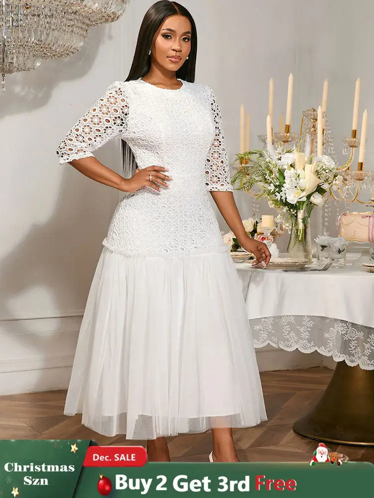 AOMEIDRESS White Lace Bridal Shower Outfit A Line Patchwork Mesh Skirt White / S