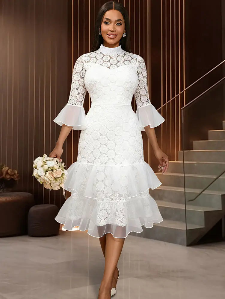 AOMEIDRESS White Lace Party Dress Bell Sleeves Layered Ruffle Hem