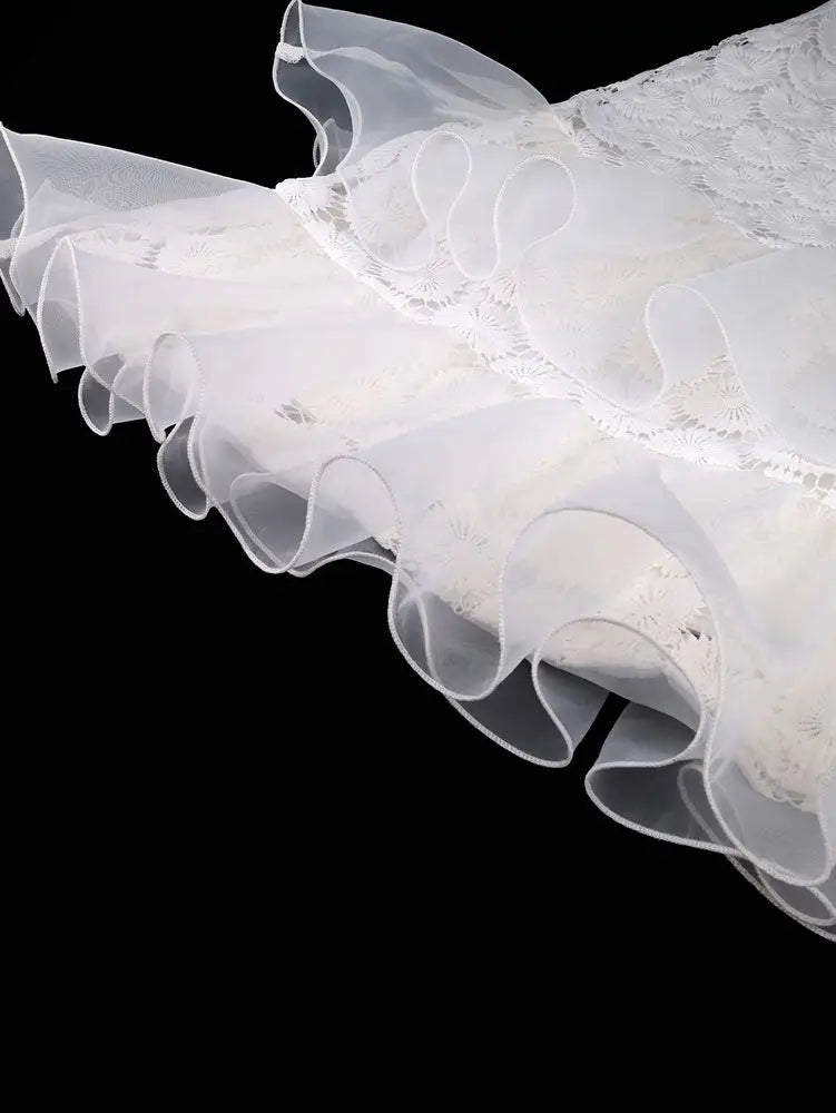 AOMEIDRESS White Lace Party Dress Bell Sleeves Layered Ruffle Hem