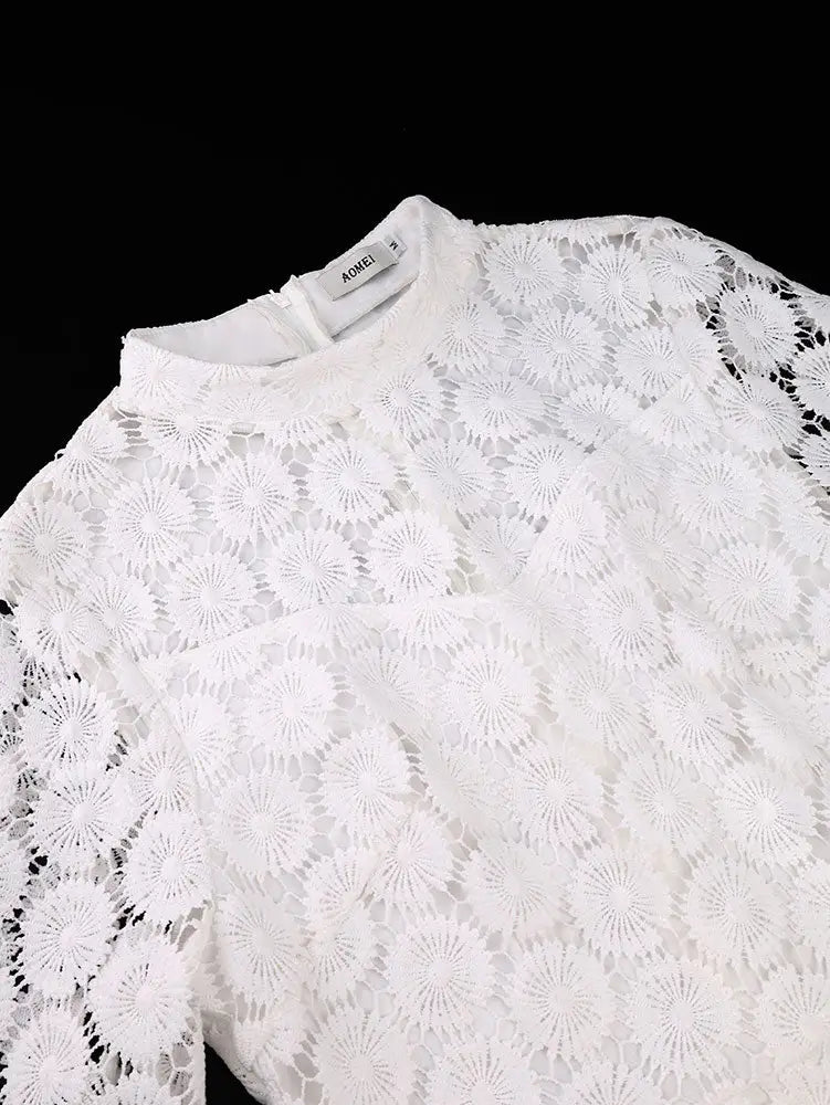 AOMEIDRESS White Lace Party Dress Bell Sleeves Layered Ruffle Hem