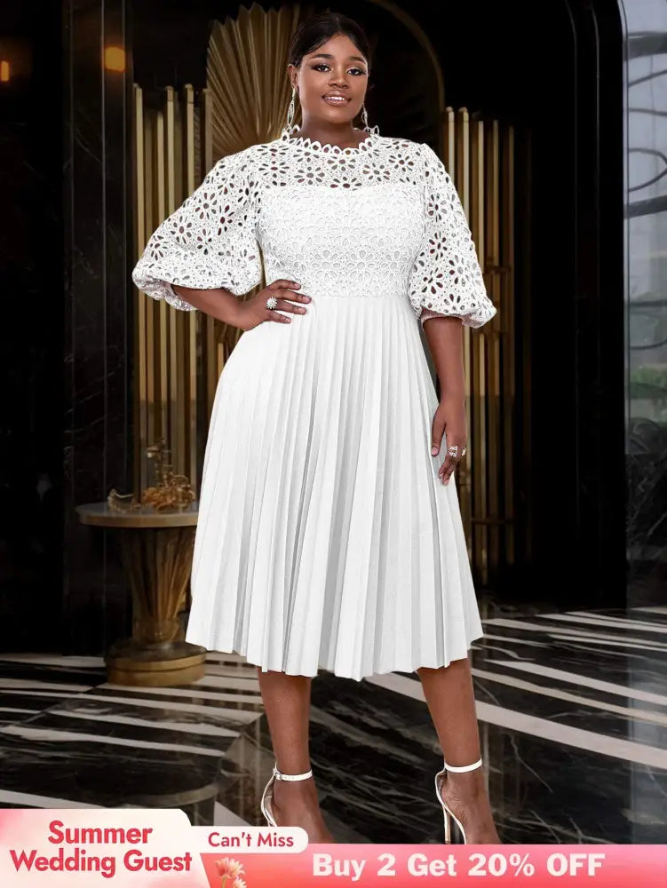 AOMEIDRESS White Lace Patchwork Half Lantern Sleeves Hollow Out Pleated Dress White / 1XL