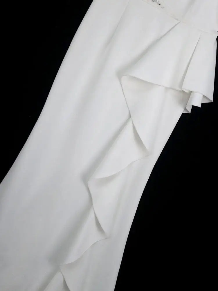 AOMEIDRESS White Maxi One Shoulder Beading Ruffles Bridal Shower Dress