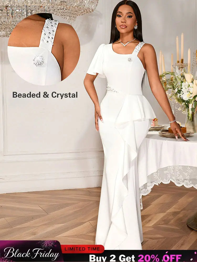 AOMEIDRESS White Maxi One Shoulder Beading Ruffles Bridal Shower Dress White / S