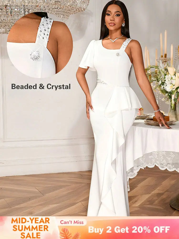 AOMEIDRESS White Maxi One Shoulder Beading Ruffles Bridal Shower Dress White / S
